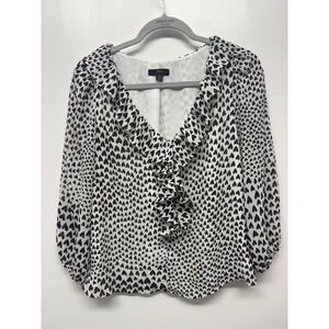 J. Crew Hearts Ruffled V-Neck Blouse Lined White Black XS‎ 3/4 Sleeve #42